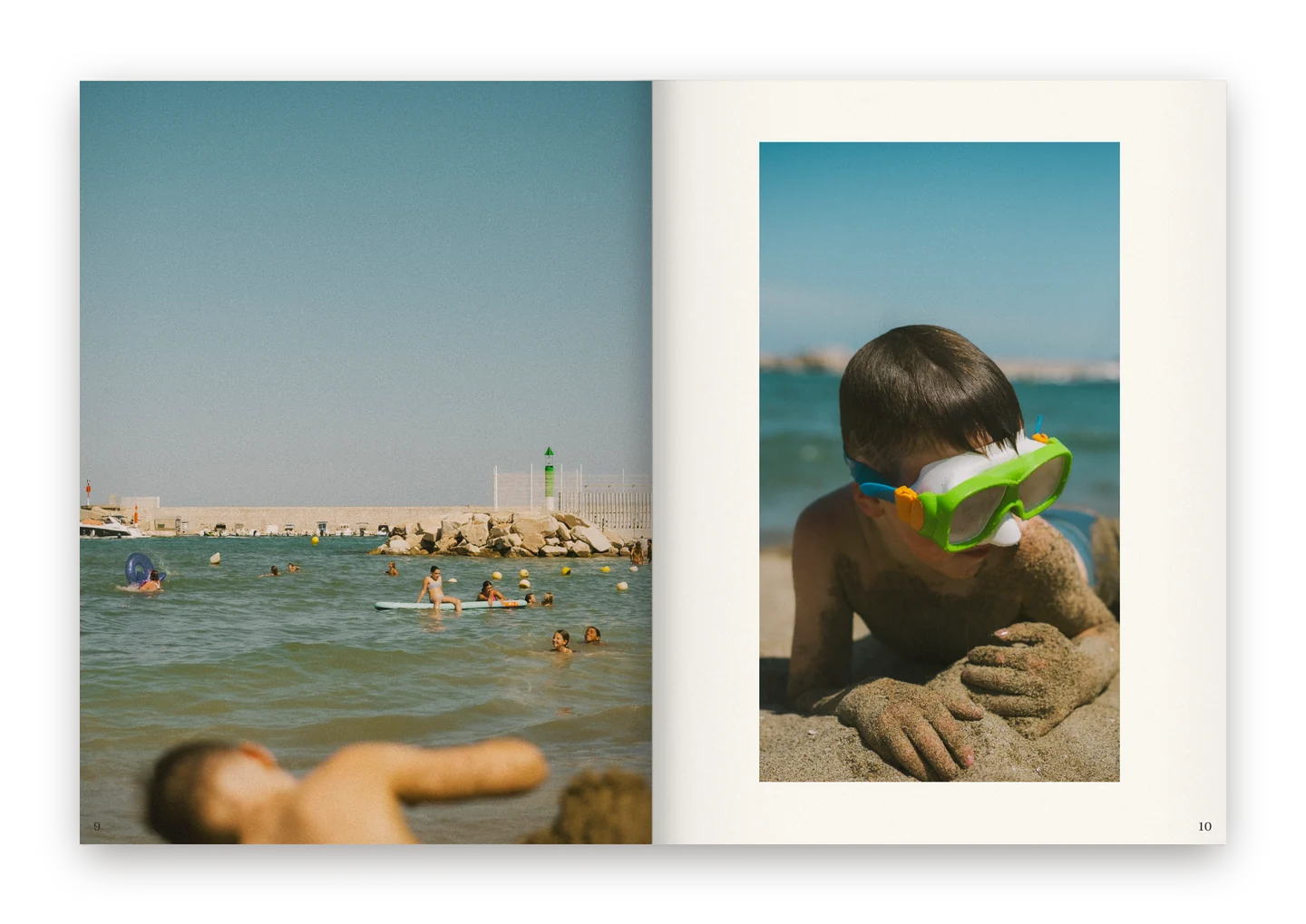 Digital mockup of an open Sunday magazine spread, pages 9–10 from the archived Fuengirola magazine layout: a swimming beach by a harbour wall on the left, a boy in green swimming goggles lying in the sand on the right.
